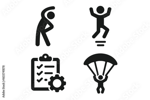 Training and Preparation Vector Icon Set. Warm-Up Stretch, Jump Exercise, Parachute Simulation, Gear Checklist. Fitness, Sport, Action Planning, Readiness Concepts. Solid Black Illustrations Isolated