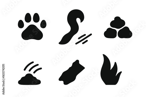 Skunk tracks and traces icon set. Solid vector skunk paw print, tail drag mark, scat pile, digging soil mark, fur tuft. Animal tracking signs, wildlife footprint silhouettes, black glyph symbols.