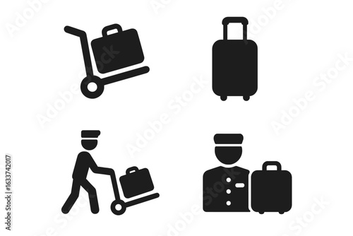 Travel and Baggage Assistance Icon Set. Solid Black Vector Illustrations of Luggage Trolley, Rolling Suitcase, Airport Porter, Bellhop, Travel Support, Hotel Concierge, Transport Service