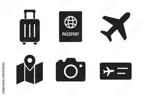 Solid Travel Essentials Icons Set. Black Luggage Suitcase, Passport, Airplane, Map with Pin, Camera, Flight Ticket Vector Illustration. Minimalist Flat Pictograms for Trip, Journey, Tourism, Vacation