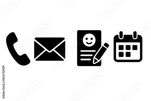 Tutoring communication tools solid icon set. Black vector illustrations of phone, envelope, email, feedback form, calendar. Education, online learning, contact, appointment, feedback concepts