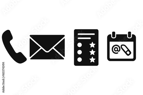 Communication Tools Icons Set. Solid Black Vector Symbols of Phone, Envelope, Email, Feedback Form, Calendar. Modern Business, Tutoring, Customer Service, Messaging, Review and Scheduling Pictograms