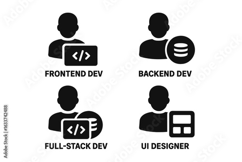 Software Development Roles Vector Icons Set. Frontend Developer, Backend Developer, Full-Stack Developer, UI Designer. Flat Silhouette Style Pictograms for Tech Teams, IT Services, App Creation