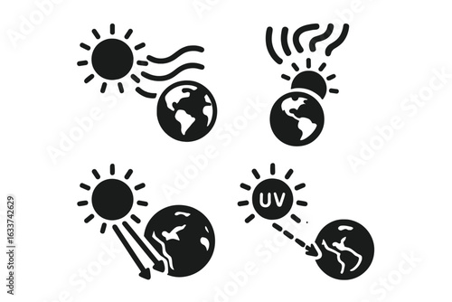 Solar and Earth Interaction Vector Icons Set. Solid icons of sun and Earth depicting solar wind, aurora, sunlight, UV radiation, earth irradiation, sunbeams, space weather effects, astronomy concepts