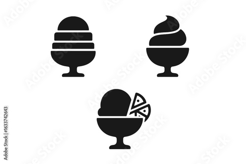 Sorbet dessert icon set. Solid vector illustrations of sorbet in layered, swirled, and fruit-topped styles. Frozen treat, gelato, sherbet icons for café, menu, summer sweets, and food packaging