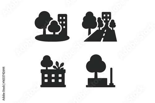 Urban forestry icons set. Solid filled vector pack of city park, tree-lined street, rooftop garden, sidewalk planter, green infrastructure, public spaces, urban trees, landscape elements