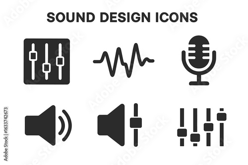Sound design vector icons set. Audio mixing console, waveform, microphone, speaker, volume, equalizer, sound wave, music production tools. Flat black solid symbols for music, podcast, editing UI