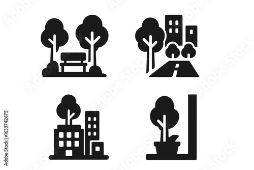 Urban forestry icons set. Solid vector pack of city park tree bench, tree-lined avenue, green buildings, rooftop gardens, sidewalk planters, street trees, sustainable landscape, eco urban environment.