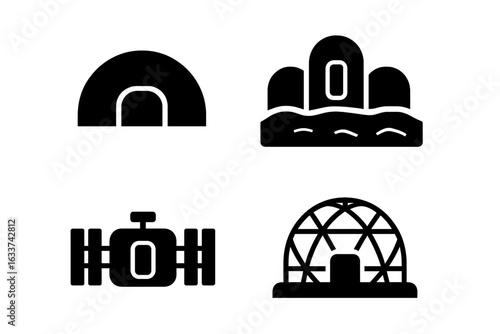 Space habitat icons set. Solid silhouette vector collection of lunar base, Mars colony, space station module, geodesic dome. Extraterrestrial architecture, off-world living, futuristic habitat design