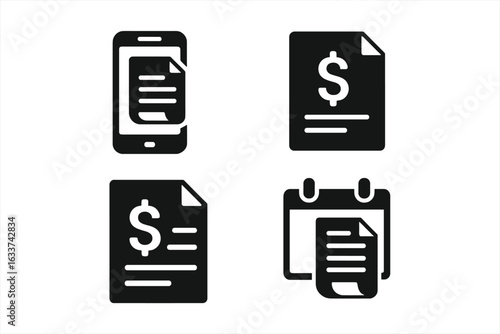 Utility bill payment icons set. Solid filled collection of mobile invoice, cost breakdown, dollar sign, statement, calendar reminder, financial document, online billing vector illustration