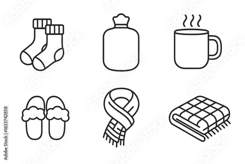 Cozy Winter Comfort Essentials Icons Set. Warm Socks, Hot Water Bottle, Steam Mug, Fuzzy Slippers, Scarf, Checkered Blanket. Hygge Home Accessories. Hand Drawn Outline Vector Illustrations