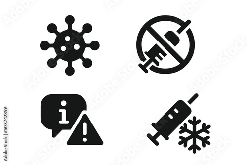 Vaccination Challenges Icons Set. Solid Style Medical Vector Illustrations of Virus, Vaccine Refusal, Misinformation, Cold Chain, Immunization Issues, Health Care Barriers, Public Health Concepts