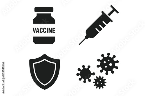 Vaccination Immunity Icon Set. Solid Vector Symbols of Vaccine Vial, Syringe, Immune Protection Shield, Virus Bacteria Cells. Medical Prevention, Immunization, Disease Protection, Health Concept