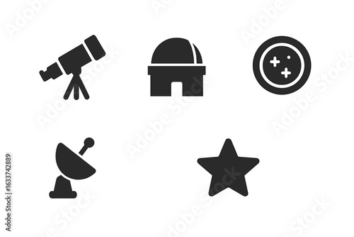 Astronomy observation icons set. Solid vector illustration of telescope, observatory dome, space lens, satellite dish, celestial star. Astrophotography, science research, stargazing concept design.
