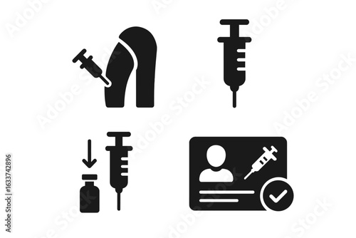 Vaccination icons set. Solid filled vector illustration of vaccine administration, syringe injection in arm, medical plunger, vaccine vial, certified vaccination record. Immunization concept icons.