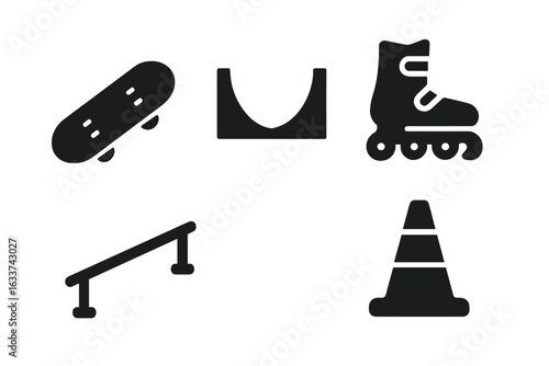 Skateboarding and Inline Skating Vector Icons Set. Solid Silhouette Street Sports Equipment. Skateboard, Rollerblades, Halfpipe Ramp, Grind Rail, Traffic Cone. Urban Extreme Sport Gear Illustration.