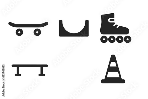 Skateboarding and Inline Skating Gear Vector Icons Set. Solid Silhouette Style Illustrations of Skateboard, Halfpipe Ramp, Rollerblades, Grind Rail, Street Cone for Urban Sports and Extreme Activities