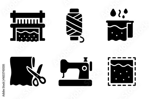 Velvet Fabric Icon Set, Solid Filled Vector Illustrations of Velvet Textile Production Process with Loom, Yarn, Dyeing, Cutting, Sewing Machine, and Pattern Elements
