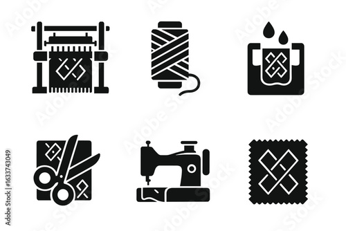 Velvet Fabric Production Process Icon Set. Textile Manufacturing Equipment, Loom, Yarn Spool, Fabric Dyeing, Cutting, Sewing Machine, Pattern Design. Solid Silhouette Vector Illustration