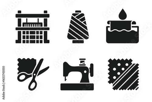Velvet Fabric Production Icons Set. Textile Manufacturing and Processing Symbols. Loom, Yarn Spool, Fabric Dyeing, Scissors Cutting, Sewing Machine, Material Pattern. Vector Illustration