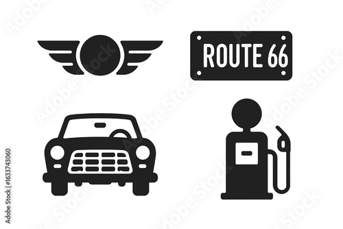 Classic Vintage Automotive Icons Set. Retro Car Front View, Fuel Pump, Route 66 License Plate, Winged Emblem. Solid Silhouette Symbols of Automotive History, Transportation, Road Trip, Travel Concept