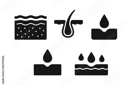 Dermatology Skin and Sweat Gland Icons. Solid Black Vector Set Showing Human Skin Structure, Pores, Hair Follicle, Sweat Glands, Moisture Droplets, Hydration, Epidermis Layers, Medical Illustration