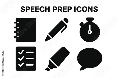 Solid Speech Preparation Vector Icon Set. Filled black glyphs of notebook, pen, stopwatch, checklist, highlighter, speech bubble. Public speaking, debate, presentation coaching tools concept.