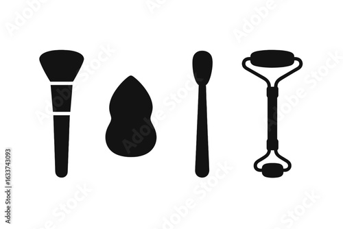 Skincare beauty tools solid icon set. Makeup brush, foundation sponge, beauty spatula, jade roller. Cosmetic accessory silhouette collection. Face care and makeup application vector illustration.