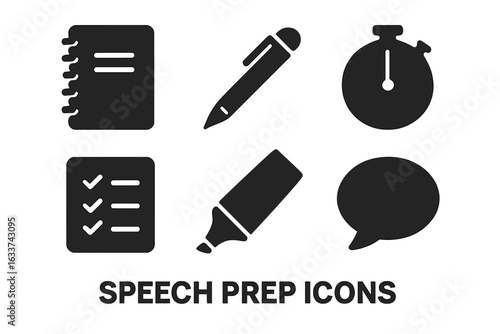 Speech preparation icons set. Solid vector illustration with notebook, checklist, pen, highlighter, stopwatch timer, speech bubble. Public speaking, presentation tools, planning, speechwriting concept