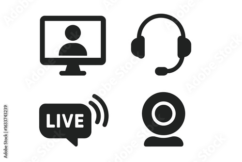 Virtual Event Vector Icons Set. Solid Black Symbols for Online Meeting, Video Conference, Webinar, Livestream, Computer Screen, Headset, Chat Bubble, Webcam. Communication Technology Concept.