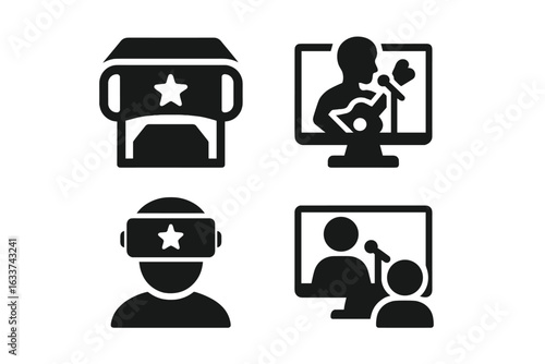 Virtual Concert Icon Set. Solid filled vector icons of online music performance, VR headset stage concert, digital musician streaming, virtual reality entertainment, remote live event symbols
