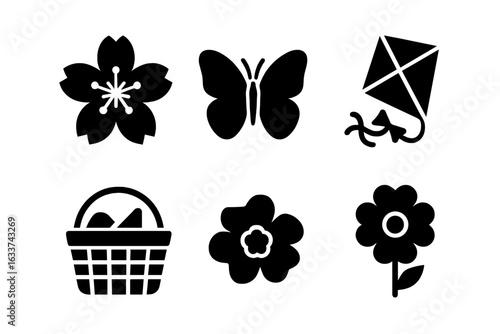 Spring Blossom Festival Icon Set. Solid Filled Vector Icons of Cherry Blossom, Butterfly, Kite, Picnic Basket, Decorative Flowers. Seasonal Spring Celebration Illustration, Nature Elements Collection.