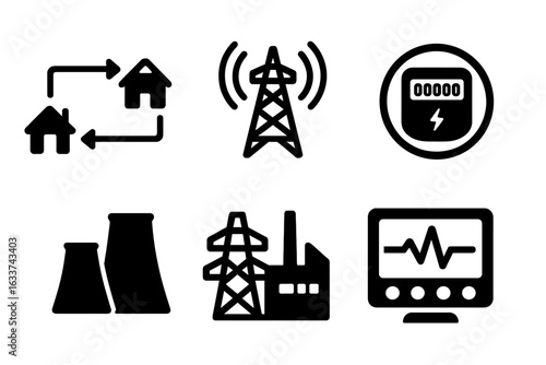Smart grid icons set. Solid filled vector icons of energy flow chart, electricity transmission tower, smart meter, power plant, monitoring control panel. Power grid management concept