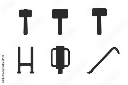 Stake driving tool icons set. Solid silhouette vector illustrations of hammer, mallet, sledgehammer, stake puller, post driver, crowbar. Construction, demolition, fencing tools isolated transparent