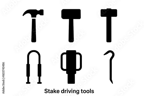 Stake driving tool icons set. Solid silhouette vector set of hammer, mallet, sledgehammer, manual stake puller, post driver, crowbar for construction, fencing, landscaping, farming, outdoor work