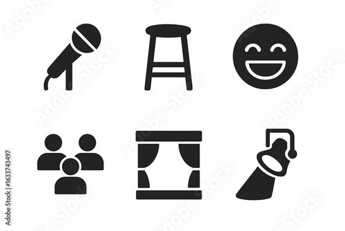 Stand-up comedy icons set. Microphone, stool, audience, laughing emoji, spotlight and stage. Vector illustration of standup essentials, comedy performance, entertainment, comedy club, humor symbols.