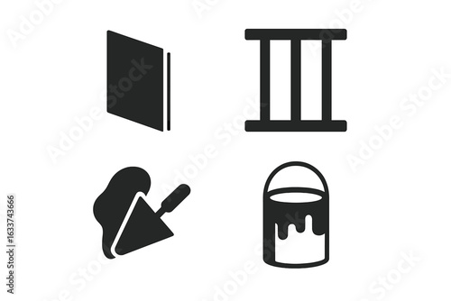 Wall construction icons set. Solid filled vector symbols for drywall, wall studs, plaster application, paint bucket. Construction materials, interior renovation, building tools collection, isolated