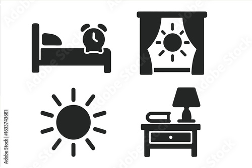 Morning Wake Up Routine Icons Set. Vector Illustration of Bed with Alarm Clock, Open Curtain with Sunlight, Sun Symbol, Nightstand with Book and Bedside Lamp. Bedroom Morning Environment