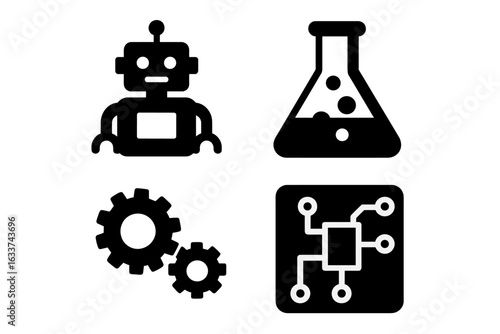 STEM Education Icon Set for Kids. Solid Vector Collection of Robotics, Science Chemistry Flask, Engineering Gears, Circuit Board, Technology and Innovation Symbols for Learning and Activities