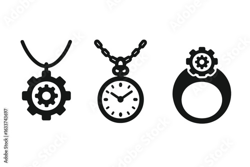Steampunk jewelry icons set. Solid filled vector collection of mechanical gear pendant necklace, vintage pocket watch, gear ring. Retro industrial accessories, Victorian clockwork style symbols