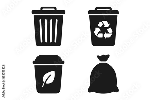 Waste management trash bin icons set. Vector symbols for garbage sorting, recycling bin, compost bin, eco leaf, refuse bag. Black solid waste, recycling, compost, biodegradable icon collection