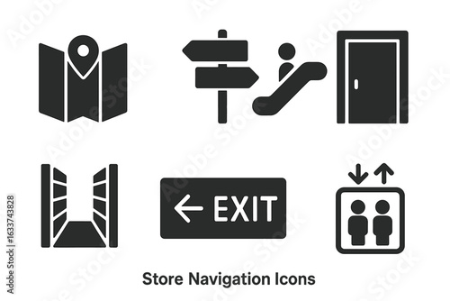 Store Wayfinding and Navigation Icons Set. Solid Vector Map, Location Pin, Signpost, Escalator, Door, Store Aisle, Exit Sign, Elevator Pictogram. Retail Mall Directional Signage Symbols