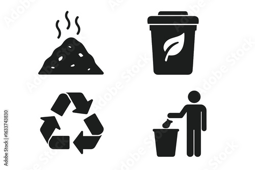 Waste management icons collection. Solid black vector signs for composting, recycling, waste segregation, eco-friendly trash bin, landfill, environmental sustainability, garbage disposal concepts