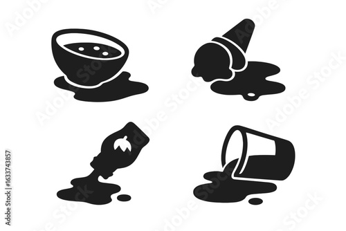 Spilled food icon set. Soup bowl, ice cream cone, tomato sauce bottle, drink cup. Liquid mess, food spill, kitchen mishap, restaurant accident, cleaning concept. Black silhouette vector.