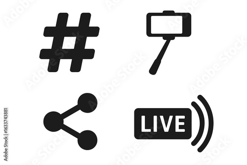 Social media icon set. Hashtag symbol, selfie stick, share icon, live stream broadcast. Modern social network communication, viral marketing, content sharing, live video streaming vector illustration.