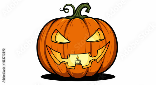 Grinning jack o’lantern with candle on white background  