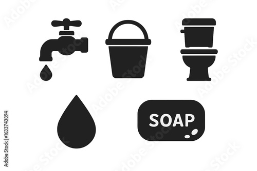 Essential Water and Sanitation Icons Set. Solid Bathroom Symbols Collection Including Water Tap, Bucket, Toilet, Water Drop, Soap Bar. Hygiene, Clean Water, Handwashing, Sanitary Vector Illustration