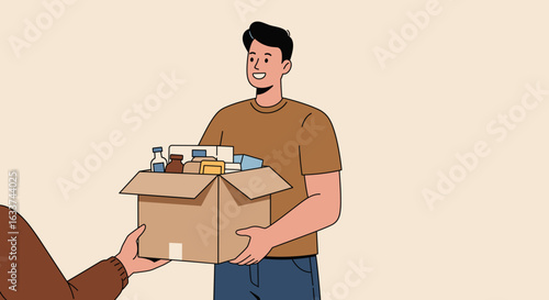 Kind male volunteer handing food box with smiling expression indoors  