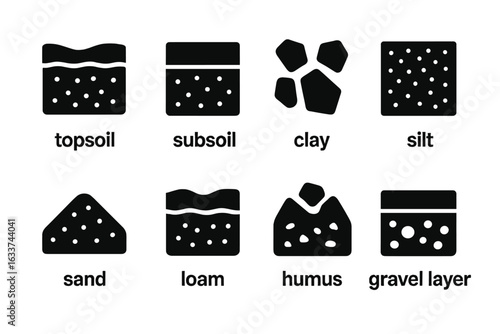Soil layers and types solid icons set. Vector illustration of topsoil, subsoil, clay, silt, sand, loam, humus, gravel layer. Black glyph soil classification symbols for agriculture, education, geology