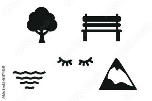 Solitude and Tranquility Concept Icon Set. Minimal Solid Vector Illustrations of Lone Tree, Quiet Lake, Empty Bench, Closed Eyes, Mountain Landscape. Mindfulness, Calm, Reflection, Relaxation.